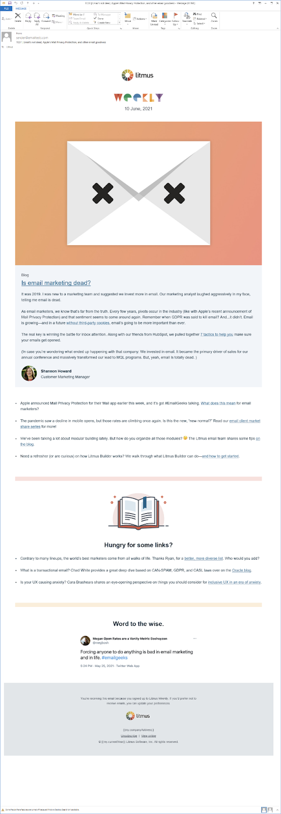 Example email from Litmus showing Outlook email rendering