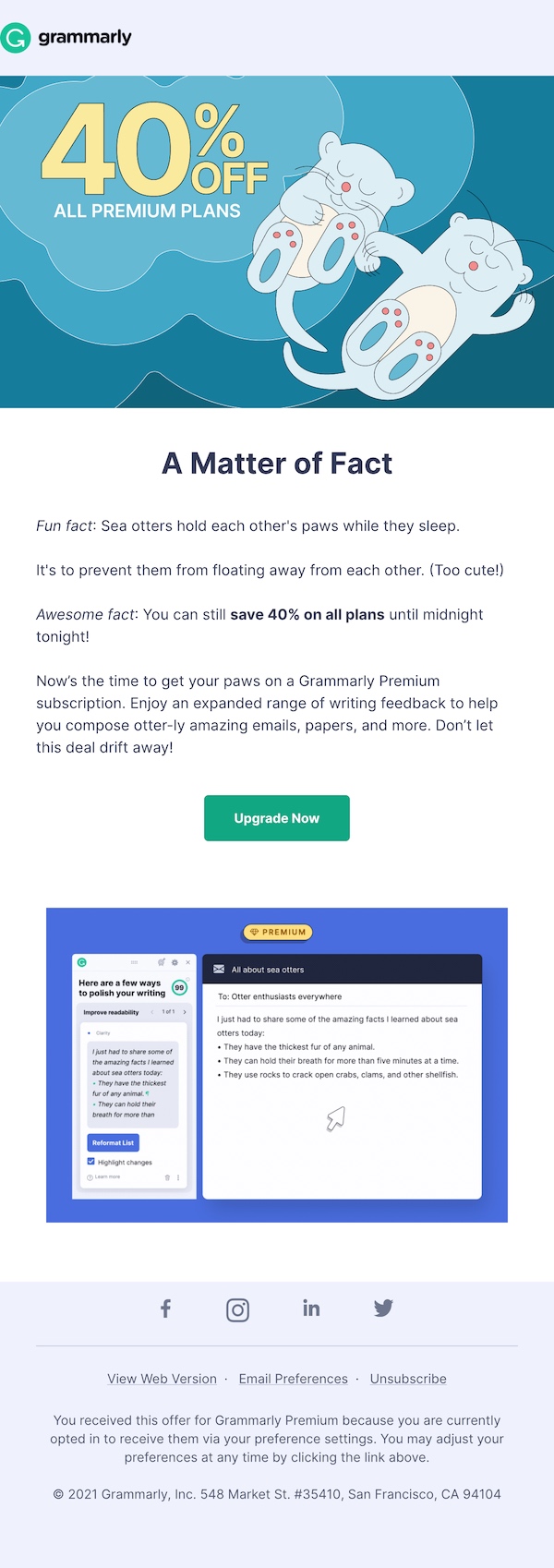 Example email from Grammarly with CTAs