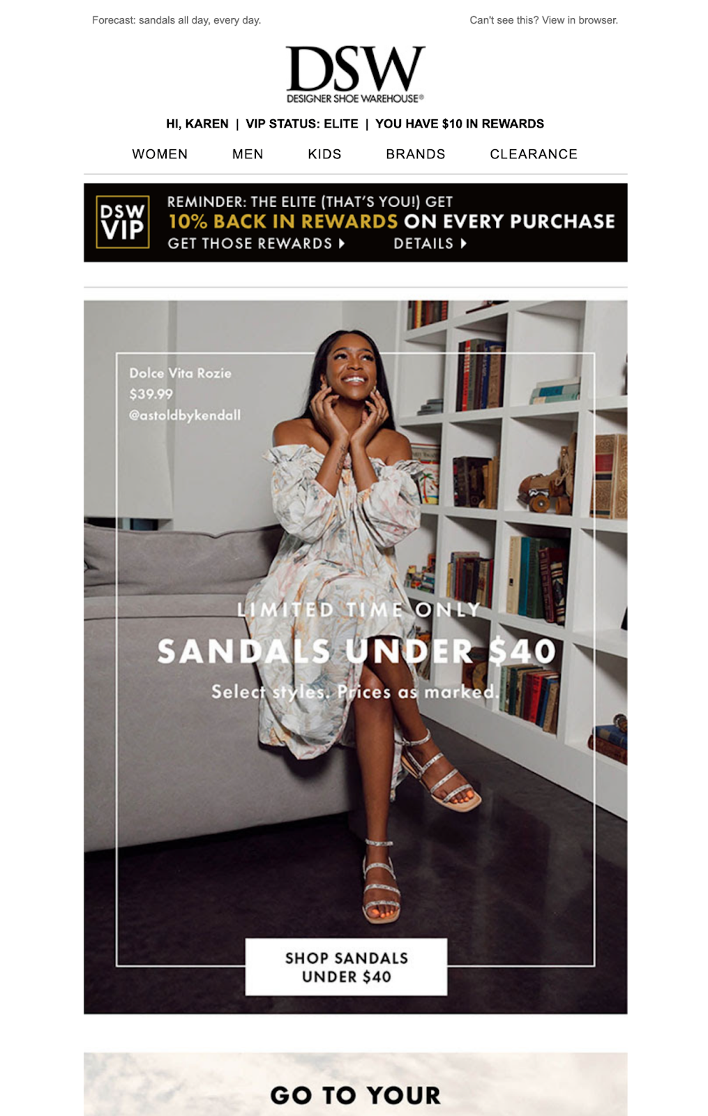 Exaple of preheader text reading "Forecast: sandals all day, every day"