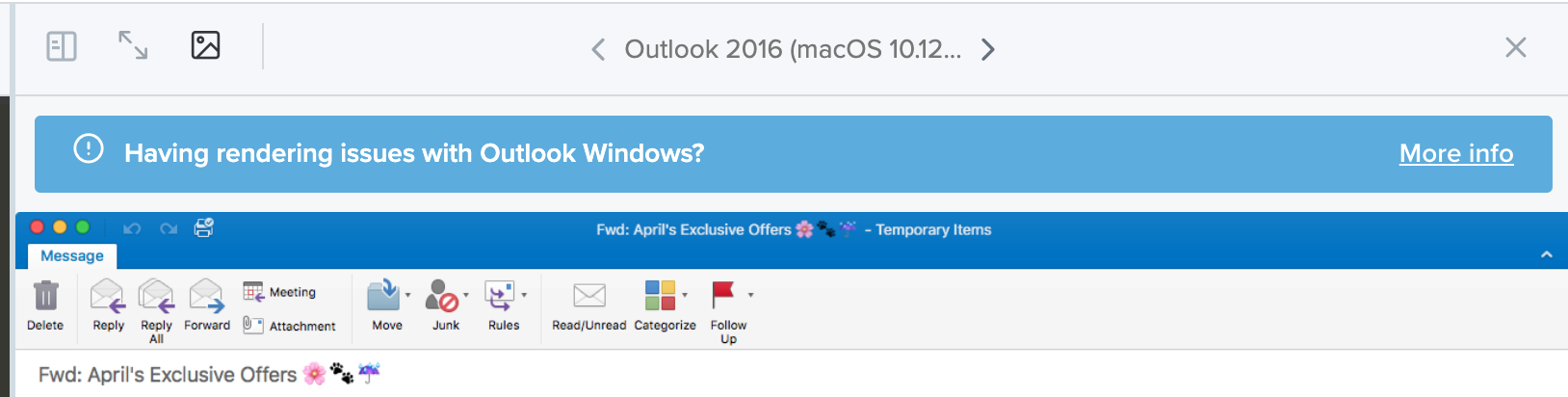 rendering issues notification bar in Outlook 2016 email preview in Litmus Builder
