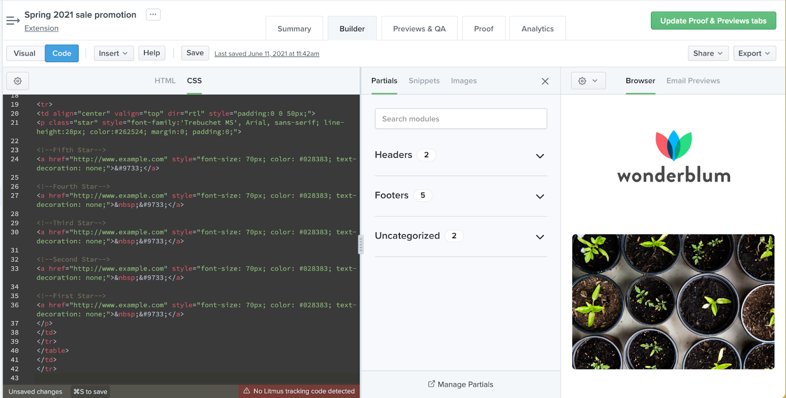The Partials menu in Litmus Builder
