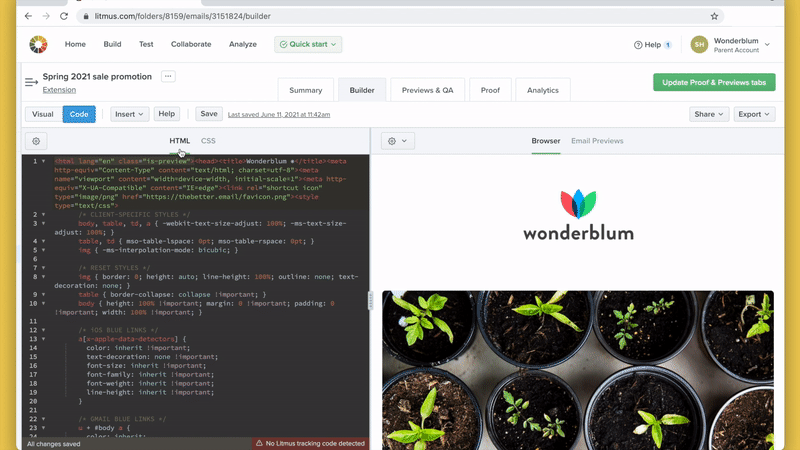 Switching between HTML and CSS tabs in Litmus Builder