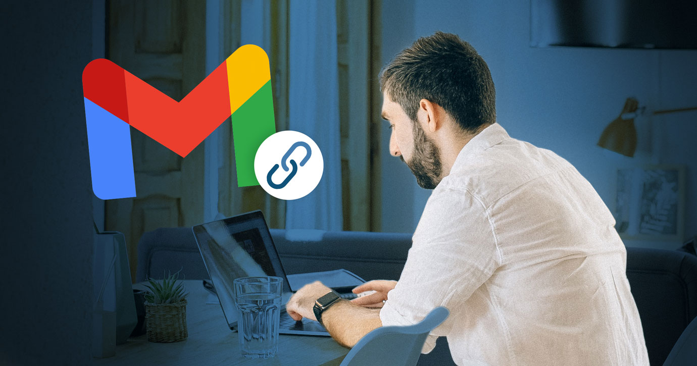 Person looking at computer with Gmail icon and blue links illustration