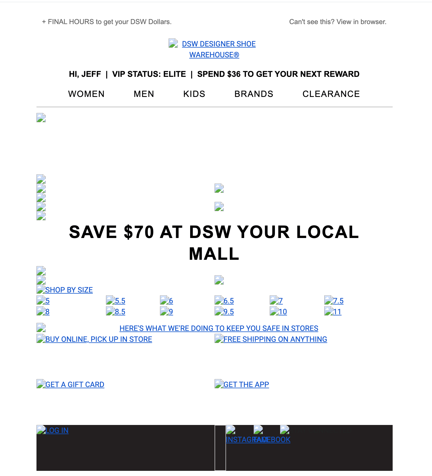 DSW email with email image blocking