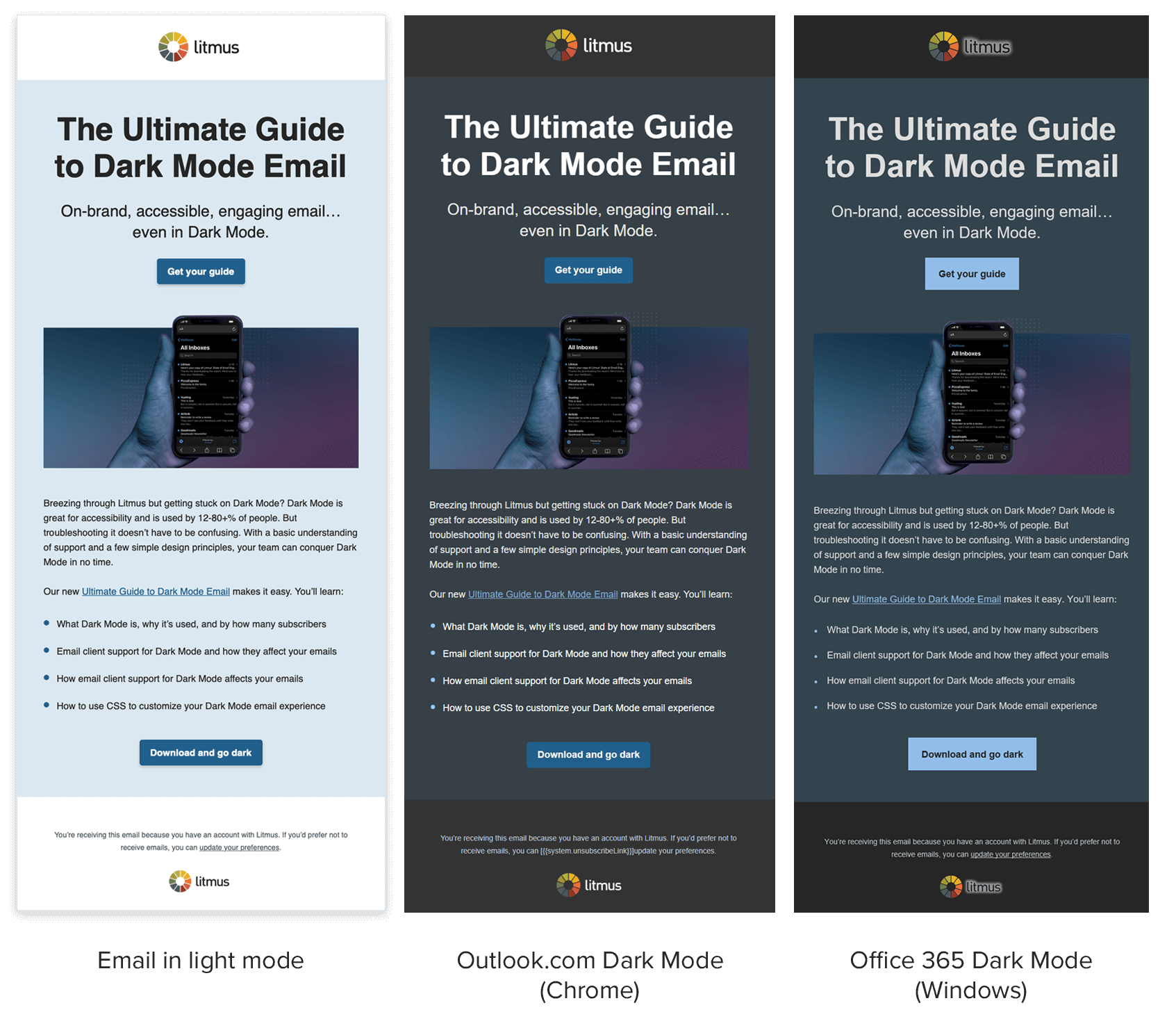 Litmus HTML email background color examples in light mode vs dark mode