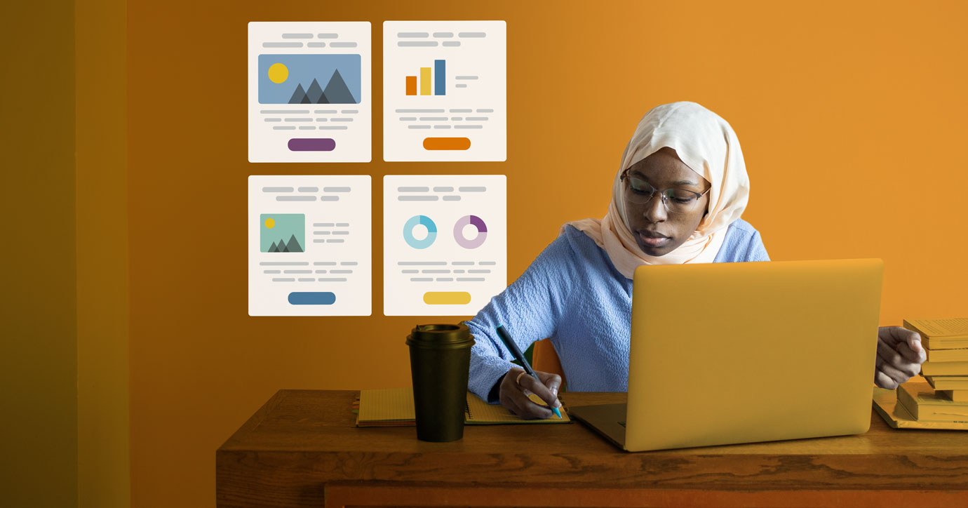 Illustration of email briefs with person using laptop
