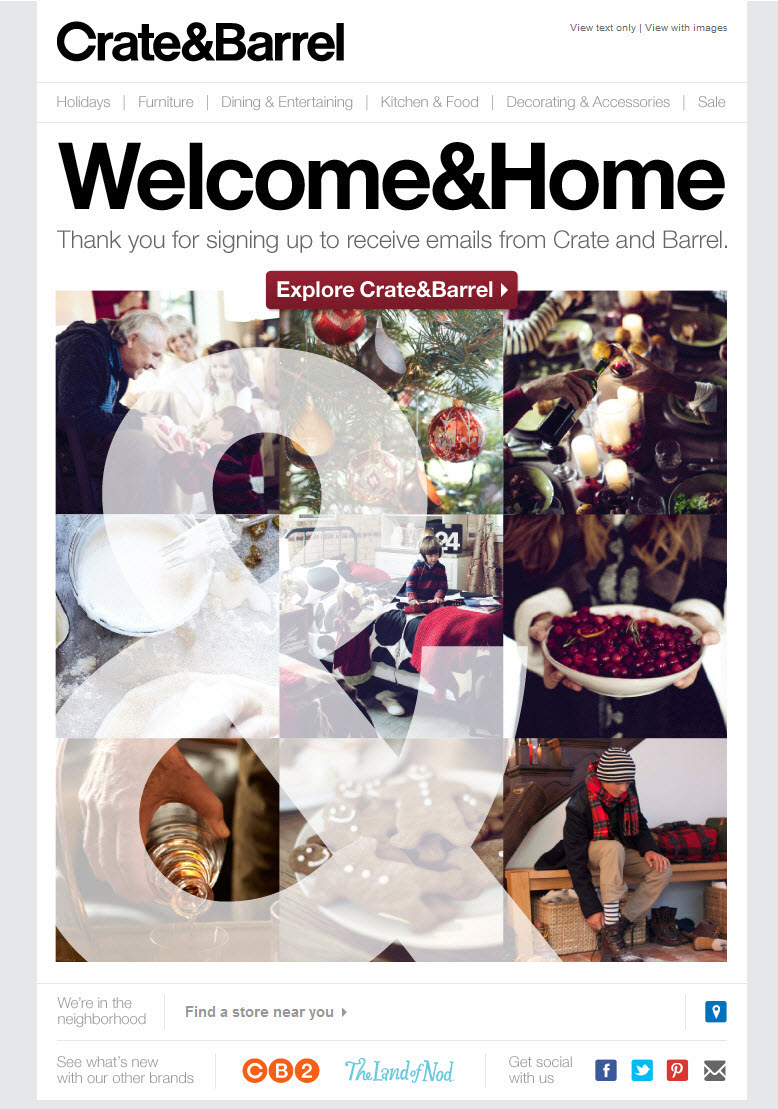 Crate & Barrel welcome email with seasonal imagery