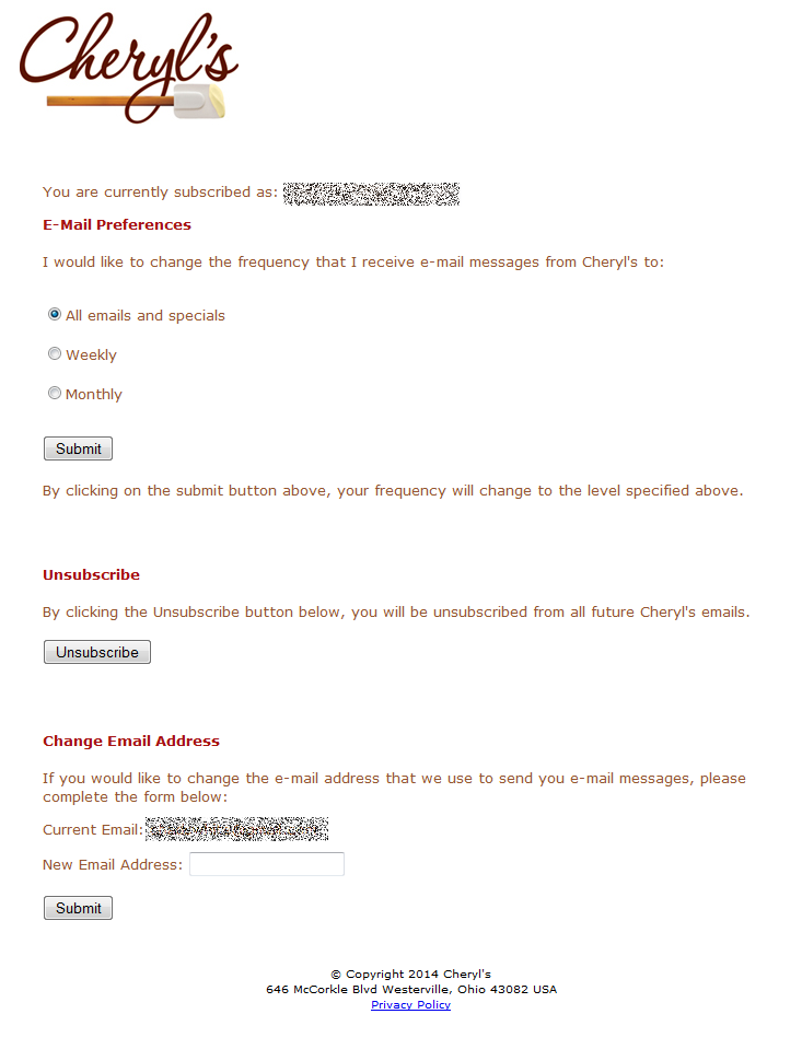 Cheryl's unsubscribe page