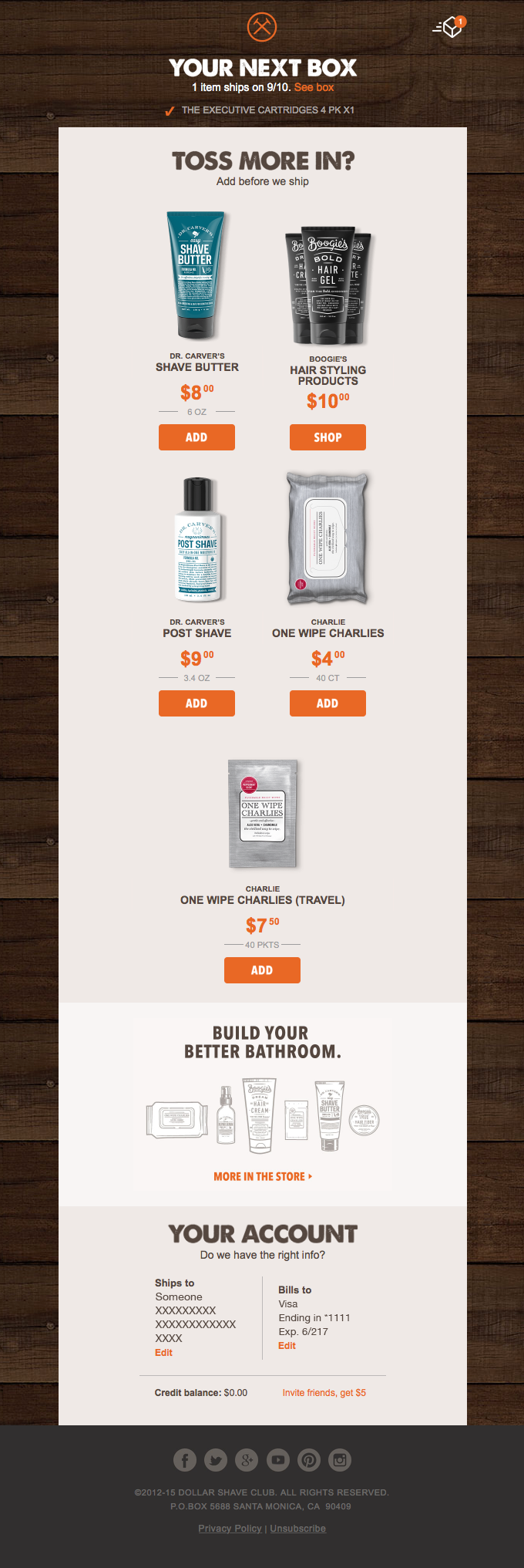 Example of upsell email from Dollar Shave Club