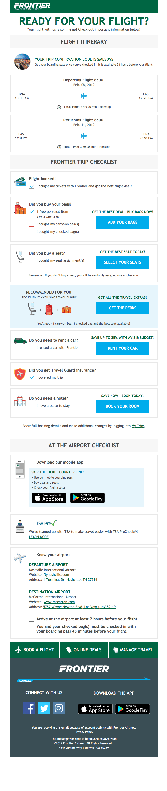 Example email from Frontier Airlines