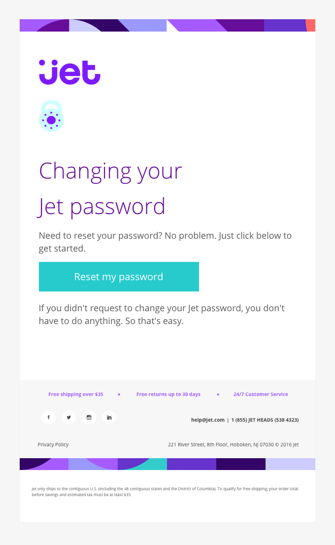 Example of password reset email from Jet