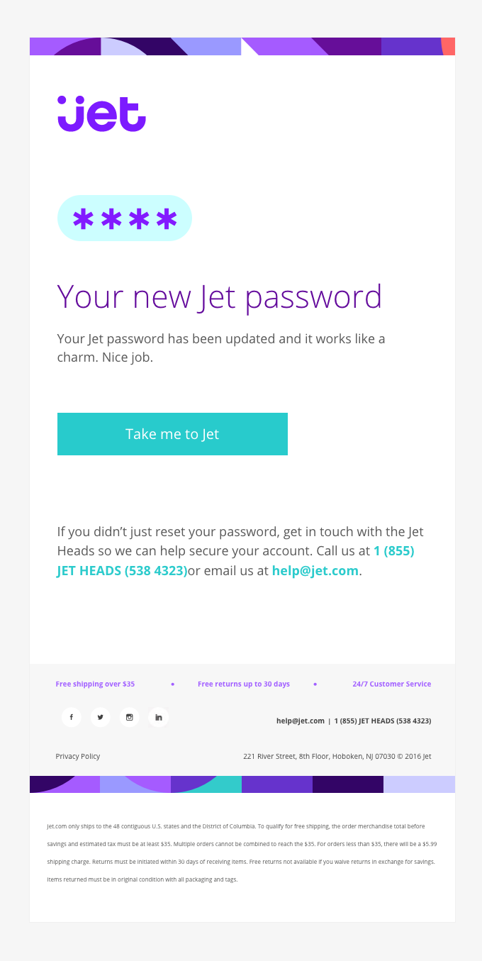 Example of password reset email from Jet