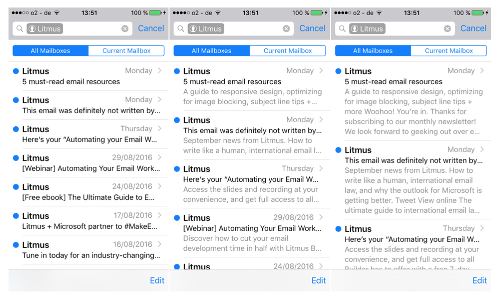 Variations in preview text settings
