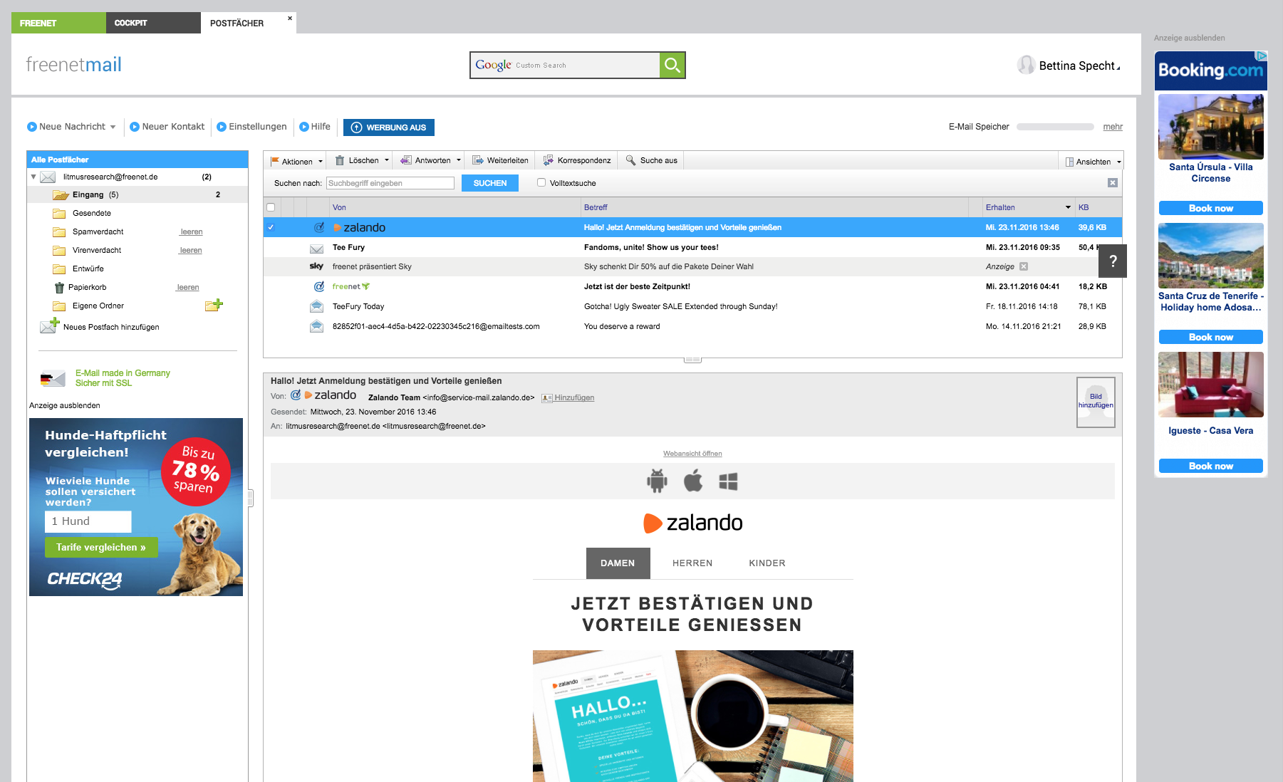 The freenet.de inbox view, with the preview pane displayed on the bottom.