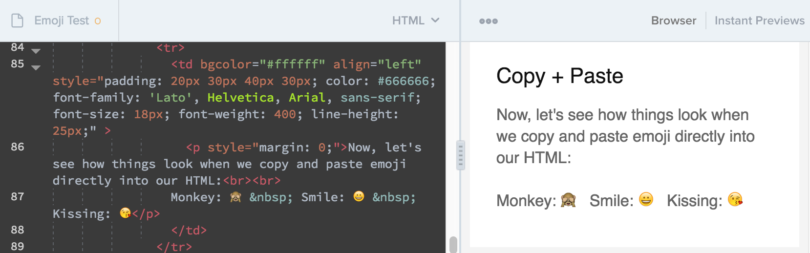 Emojis copied into the HTML within Litmus Builder