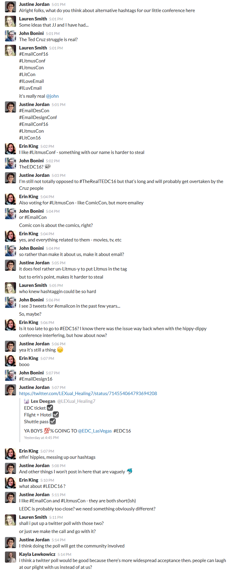 Brainstorming a new hashtag for TEDC