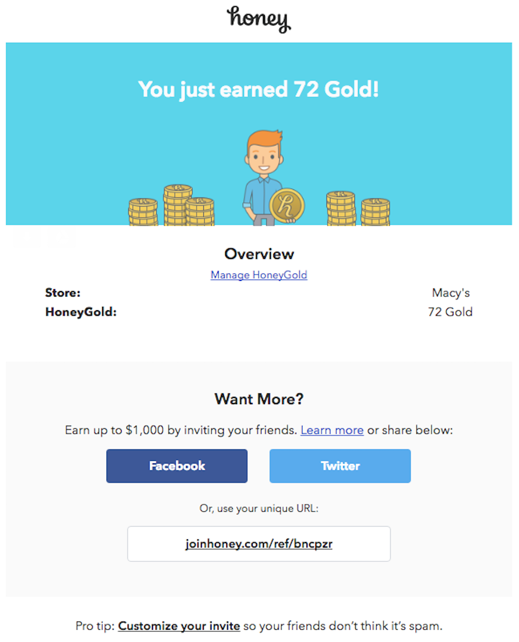 Honey email - customizable sharing