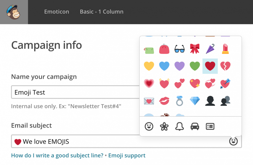 Example showing emoji support in Mailchimp