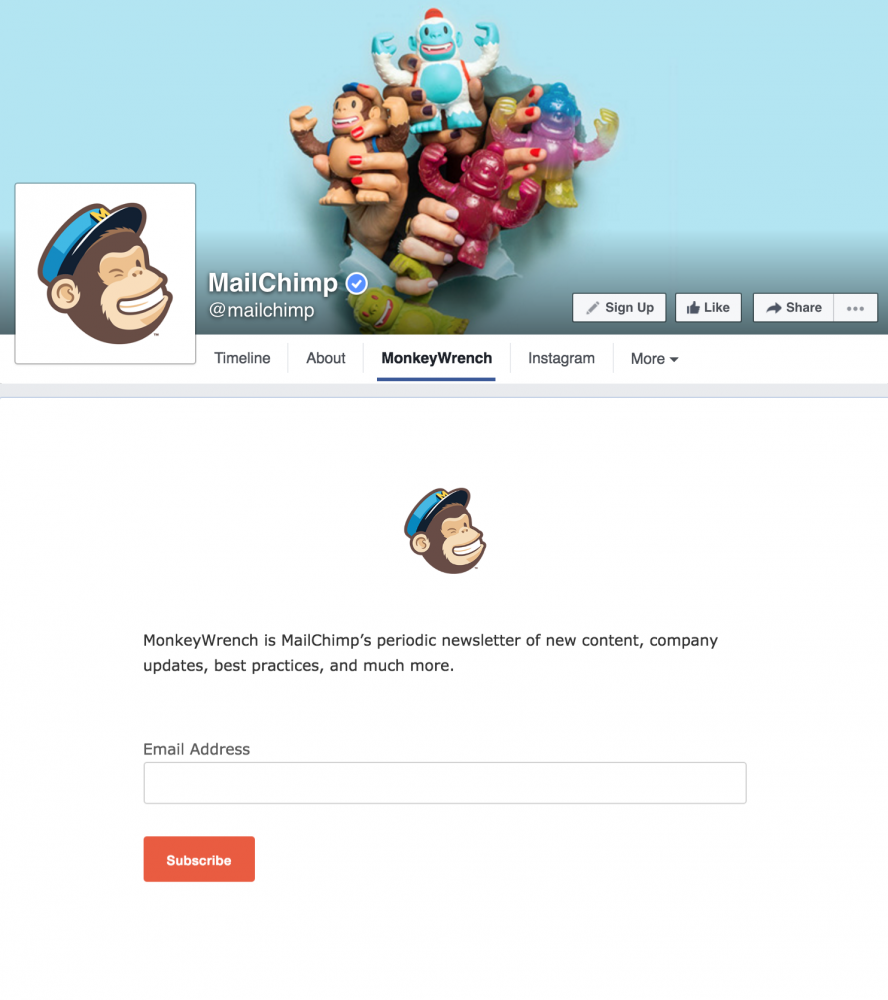 MailChimp's newsletter signup tab on Facebook