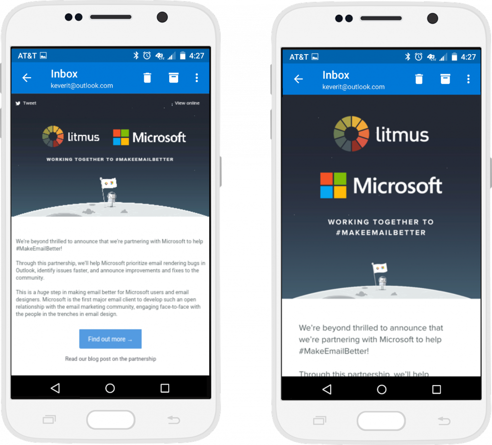 Email rendering in the Outlook Android app before and after media query support.