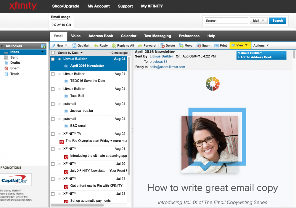 Inbox view with Reading Pane to the right