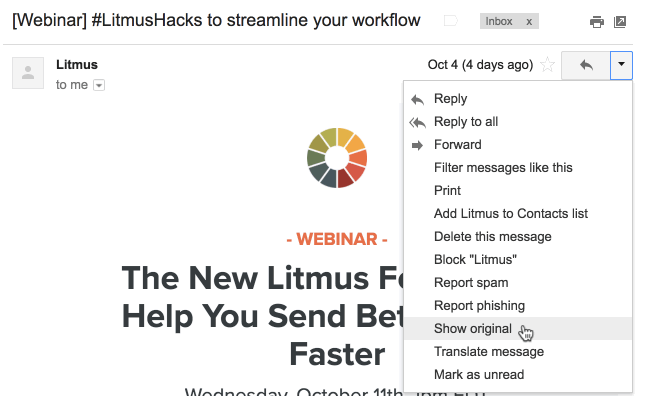 Screenshot of Gmail inbox clicking "Show original"