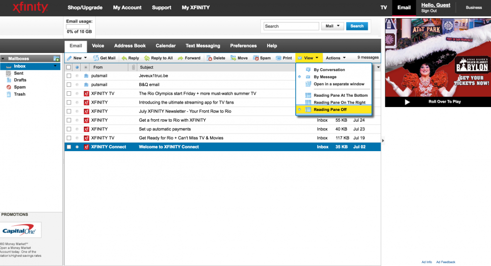 Default inbox view with Reading Pane off