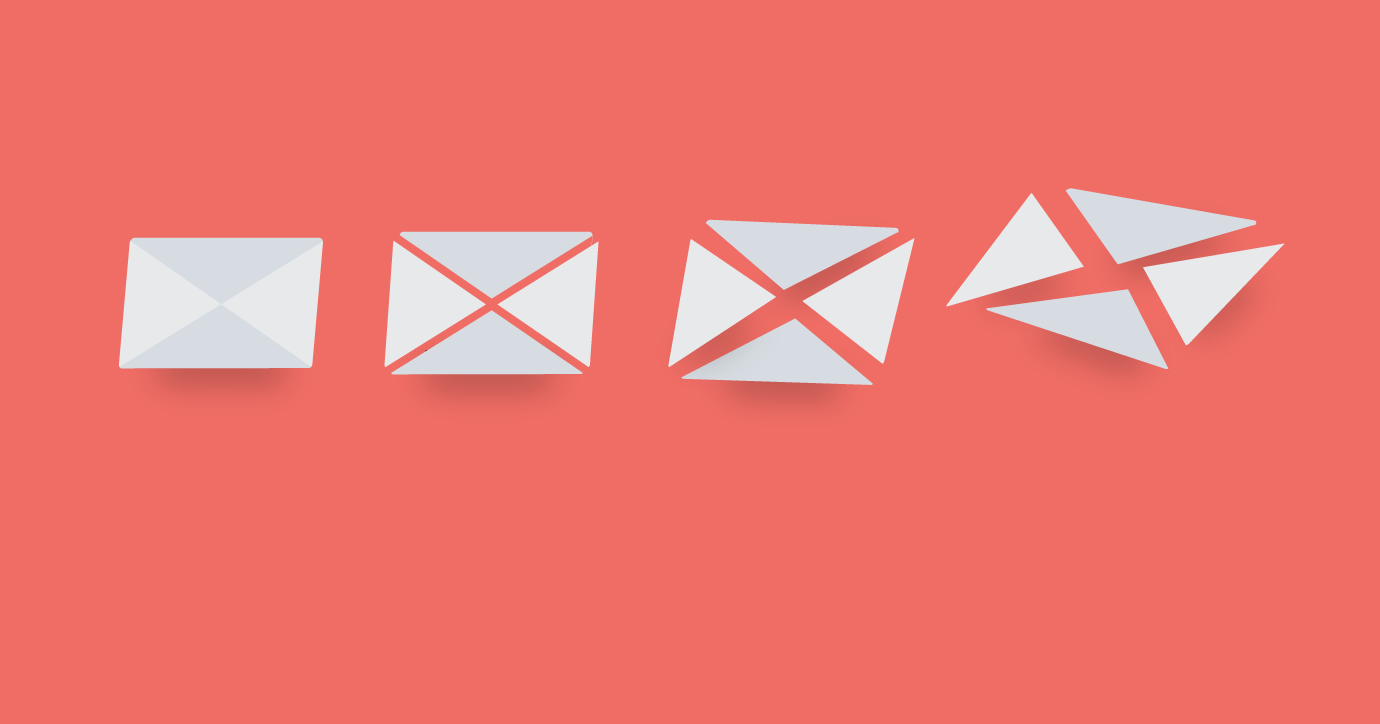 an illustration of an envelope representing an email breaking into four pieces on a red-orange background