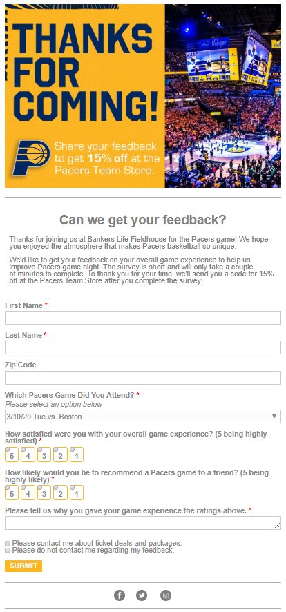 Example of interactive forms in email from Indiana Pacers