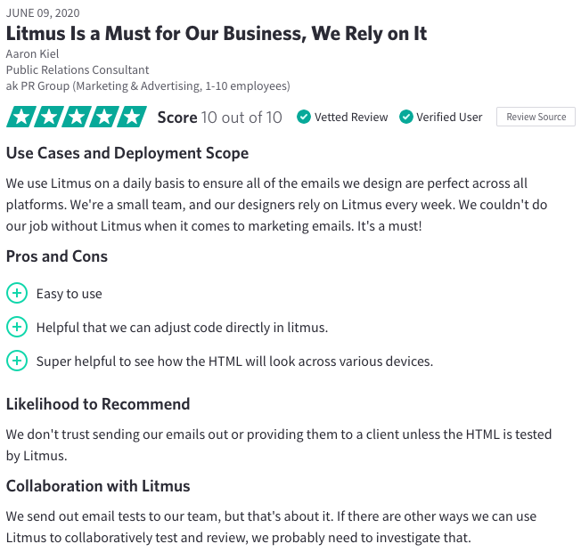 Litmus Customer Review on TrustRadius