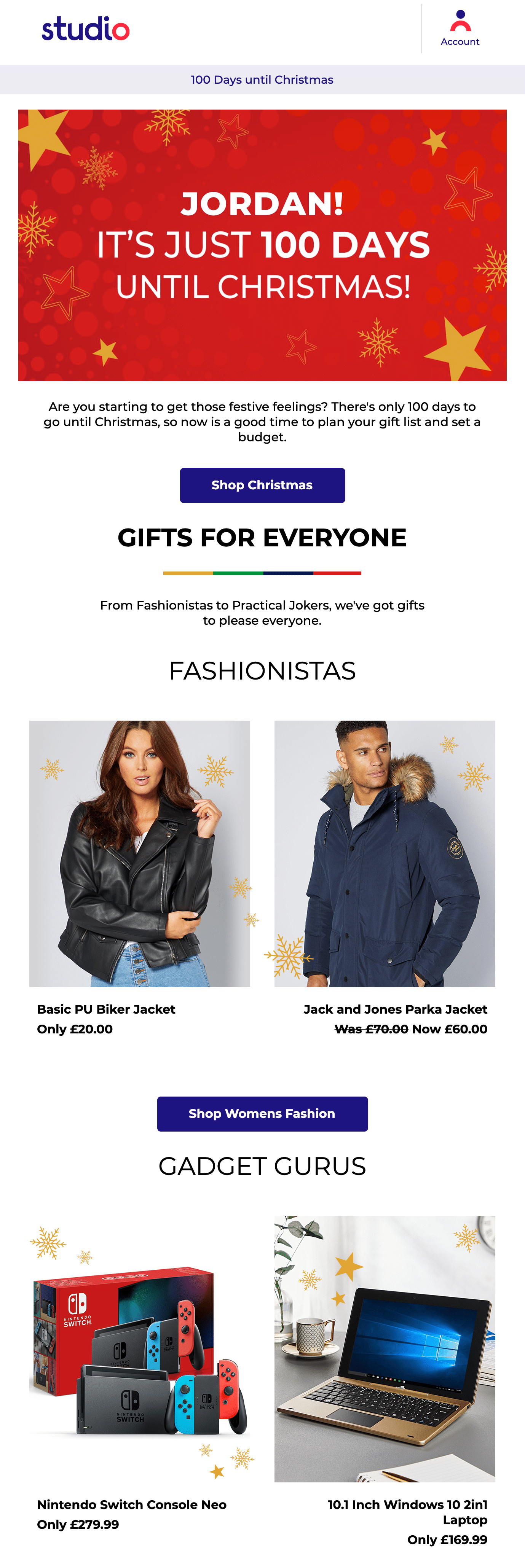 Holiday email example from Studio
