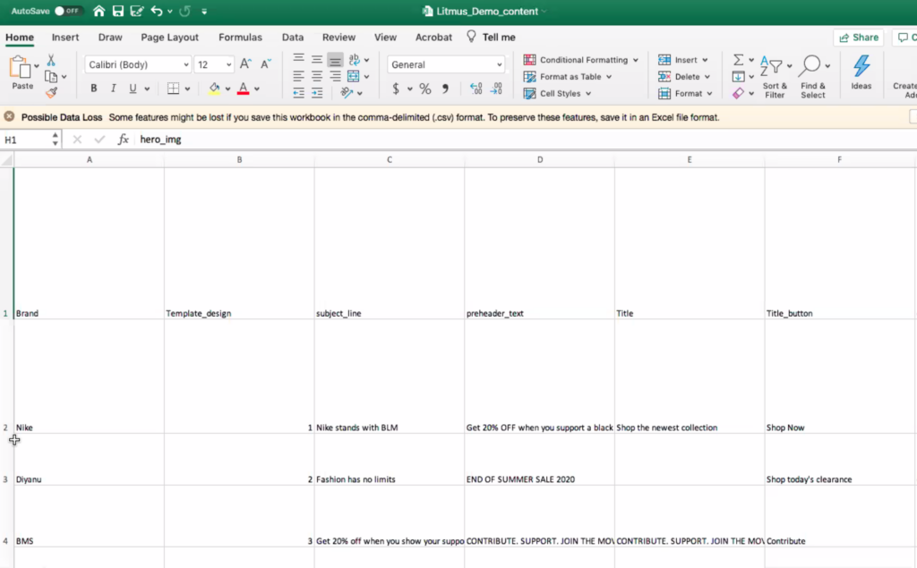 AMPscript content matrix spreadsheet