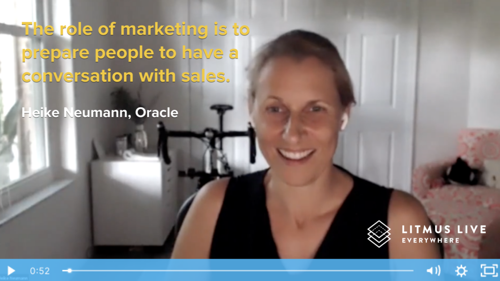 session slide with Heike Neumann and quote: the role of the marketer is to prepare people to have a conversation with sales