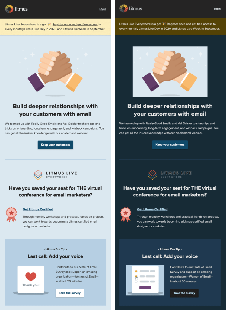 litmus light mode email vs dark mode email partial color invert example 749x1024 - Dark Mode Email: Your Ultimate How-to Guide - Litmus