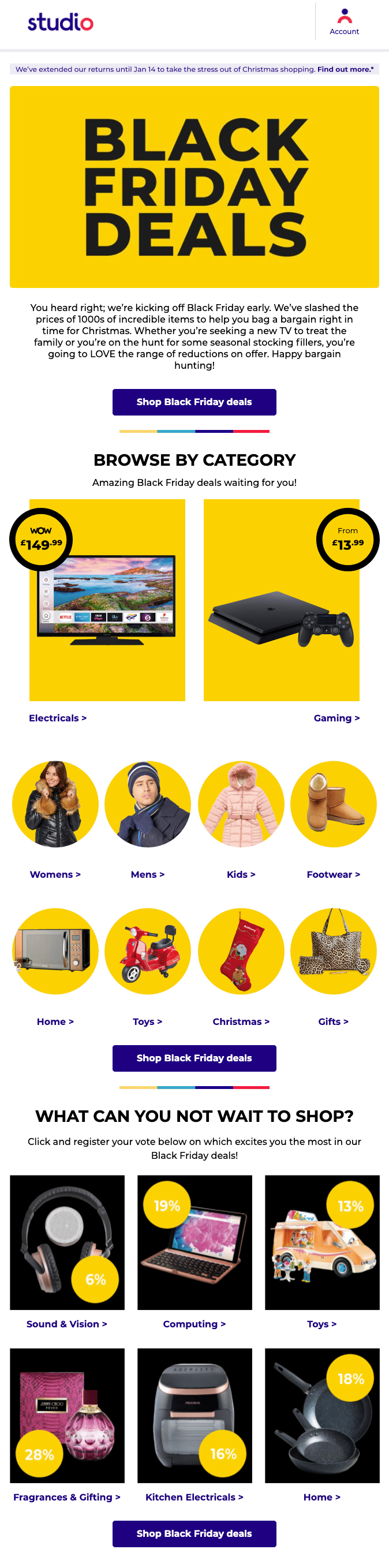 A holiday email example of Black Friday deals from Studio, highlighting special offer, discounted products, and two email live polls.
