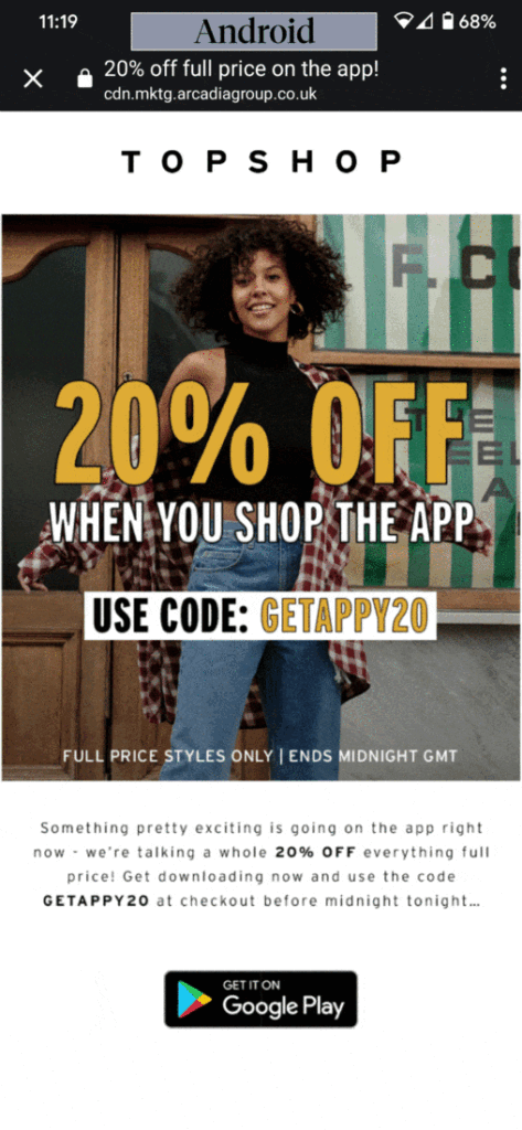 App download email from Topshop with operating system specific CTAs App download email from Topshop with operating system specific CTAs