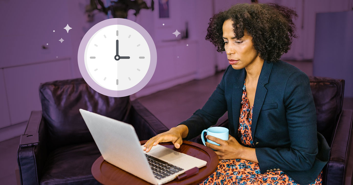illustration of clock over a photo of a women reading emails