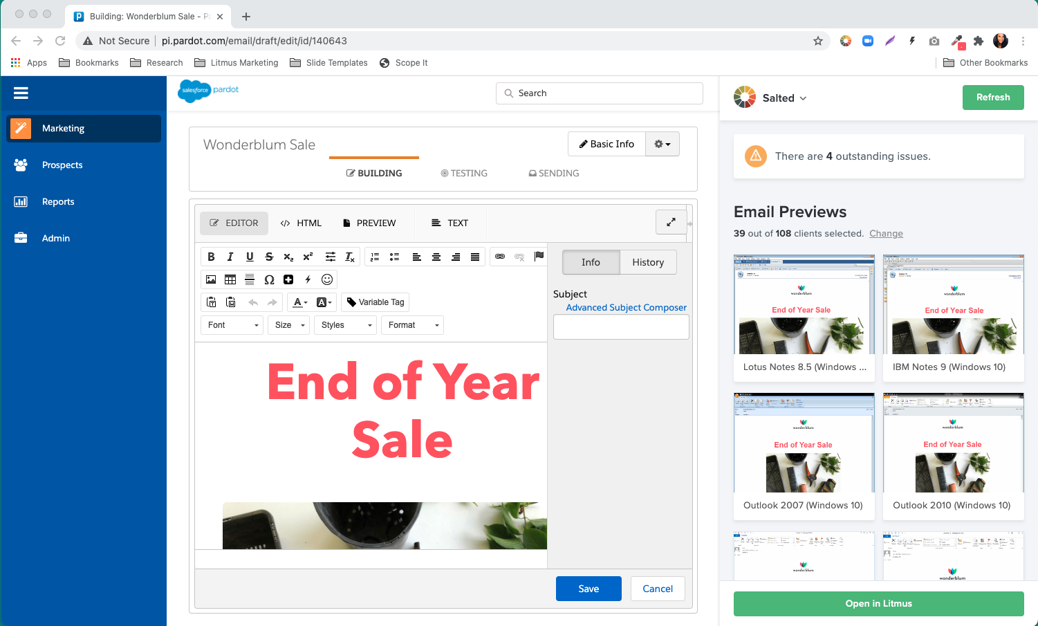 Utilize the Litmus Chrome Extension to preview and test your emails right as you build in Pardot