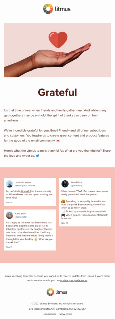 Litmus Thanksgiving subscriber appreciation email