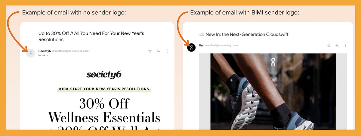 example of email with no sender logo next to an example of email with BIMI sender logo - What Is BIMI (And Why Should Email Marketers Care?)