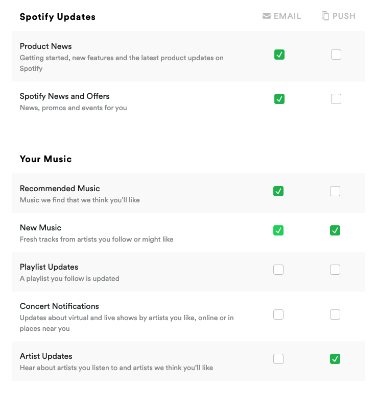 Spotify preference center example