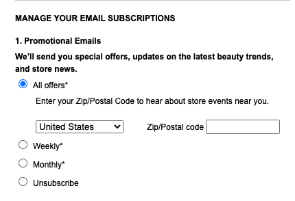 Sephora email preference center example