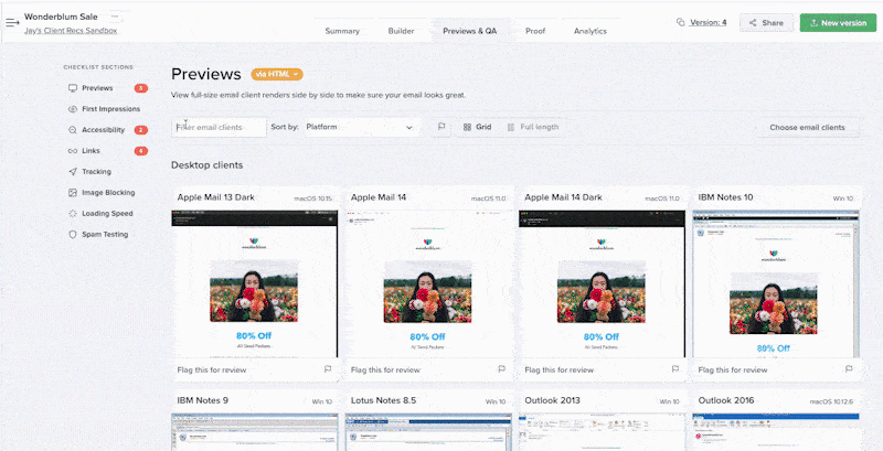 Animated GIF showing how to sort through Litmus Email Previews