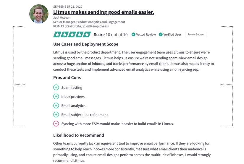 Customer review about Litmus on TrustRadius