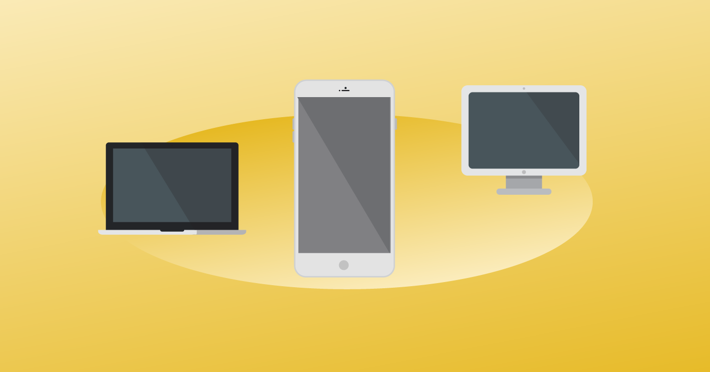 laptop, mobile phone, and desktop monitor on a yellow background