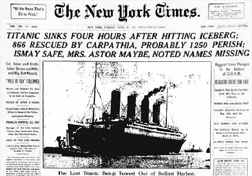 The New York Times newspaper with Titanic sinks headline