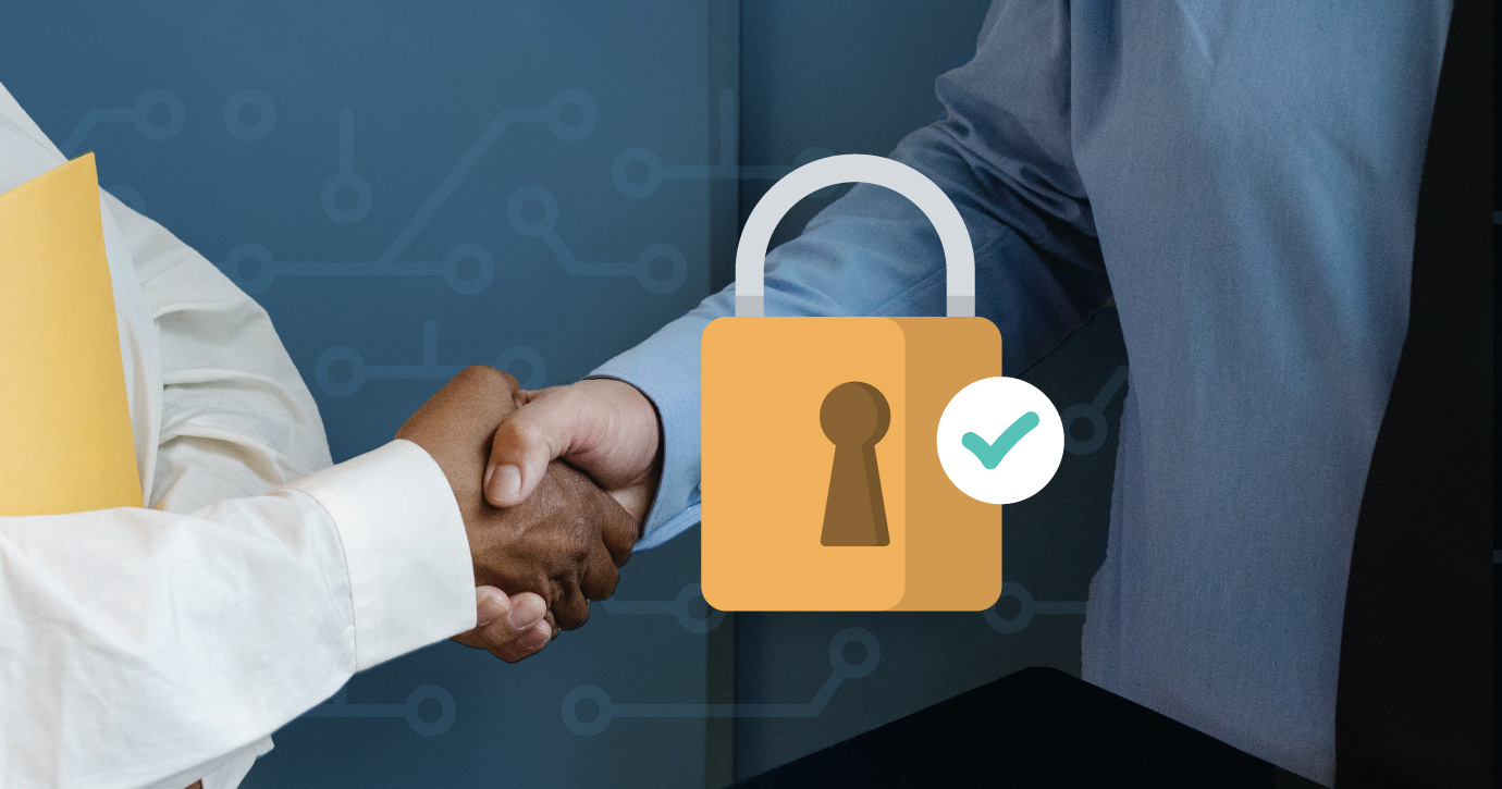 hand shaking overlaid with an graphic lock and green checkmark