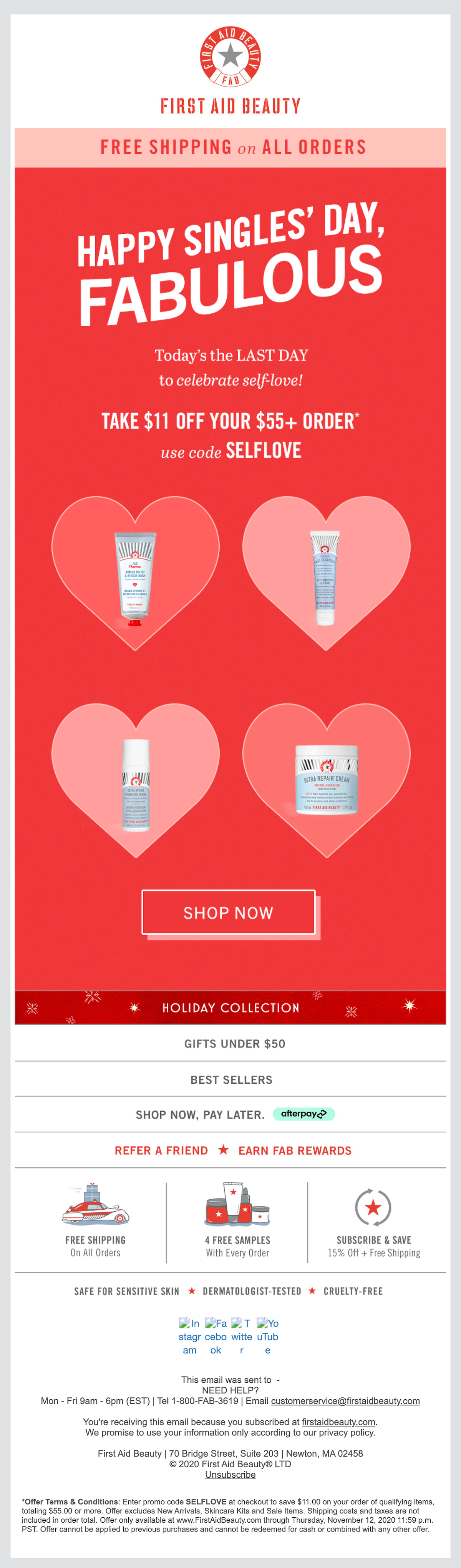 First Aid Beauty Singles' Day email