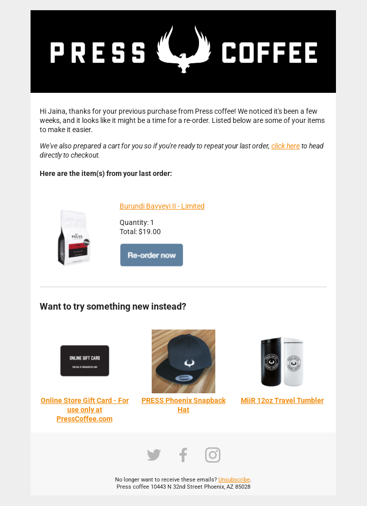 Press Coffee replenishment email