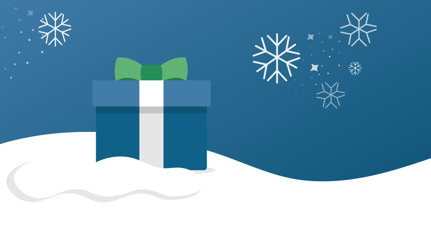 illustration of a blue gift box with snowflakes, on a pile of snow